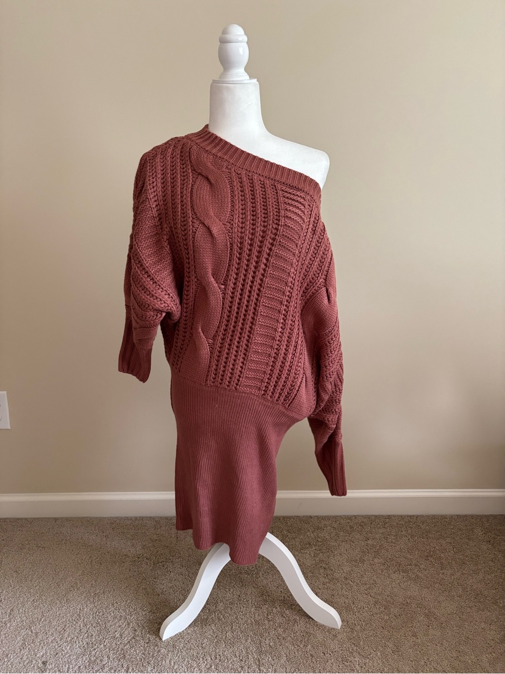 Forever 21 One-Shoulder Cable Knit Sweater Dress - Rosewood
